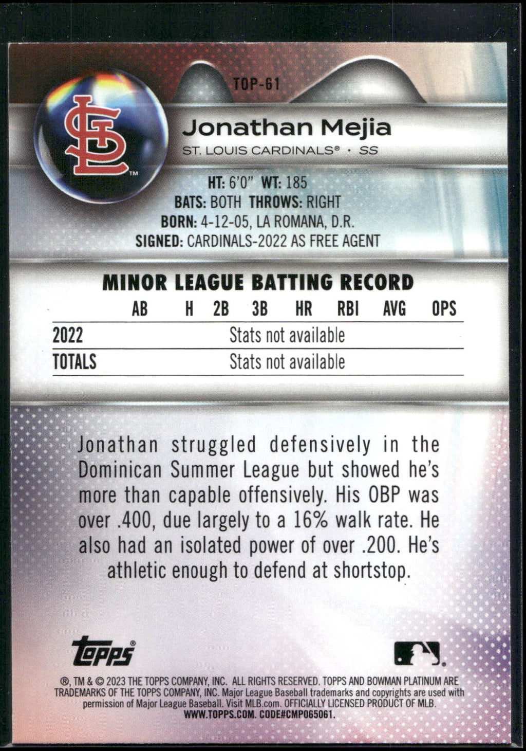 2023 Bowman Platinum #TOP-61 Jonathan Mejia Top Prospects