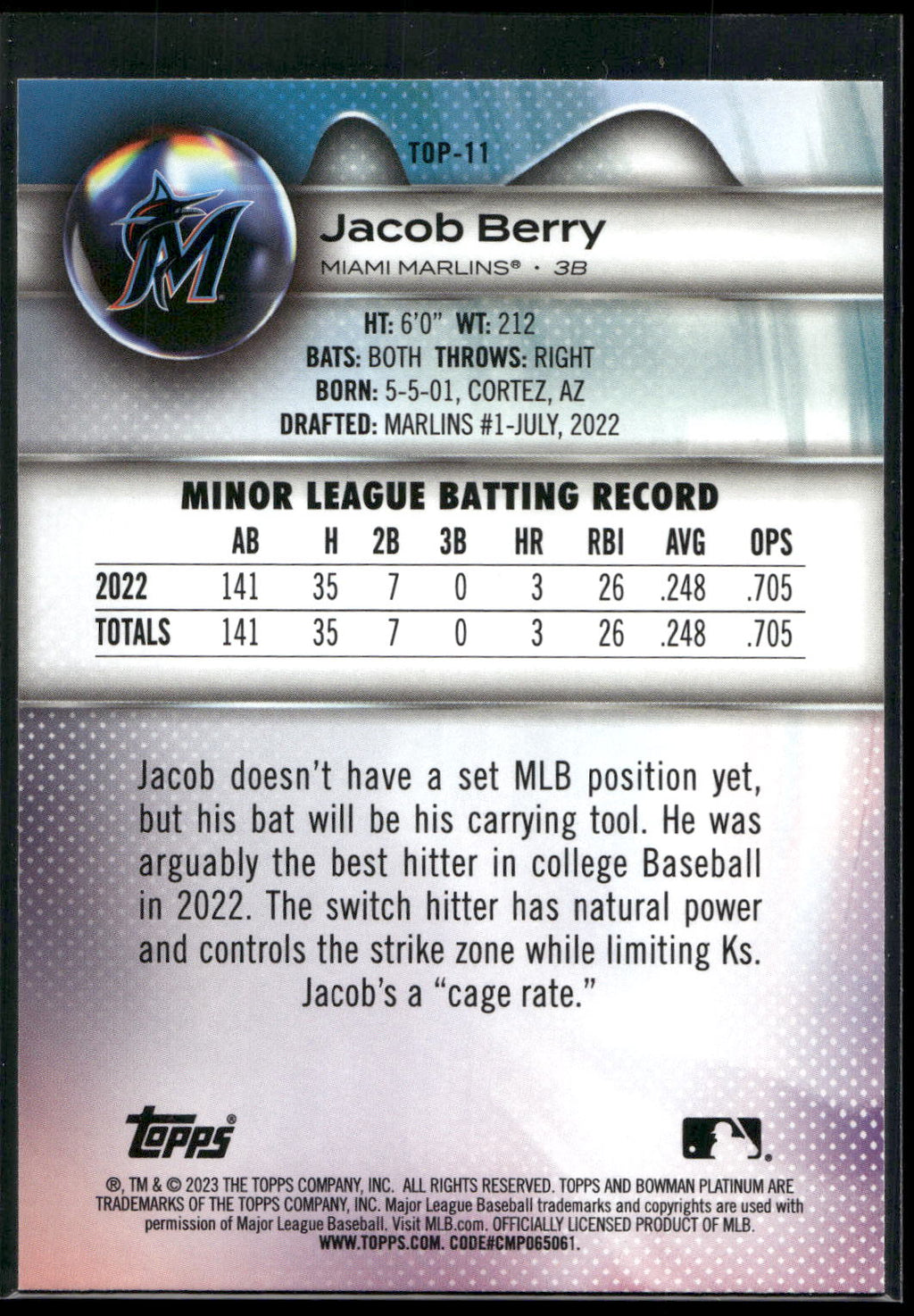 2023 Bowman Platinum #TOP-11 Jacob Berry Top Prospects