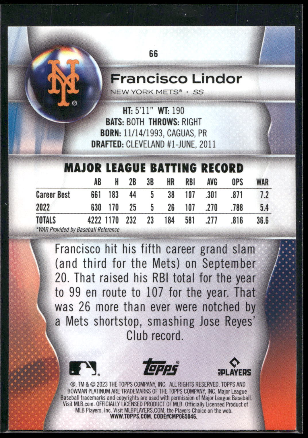 2023 Bowman Platinum #66 Francisco Lindor