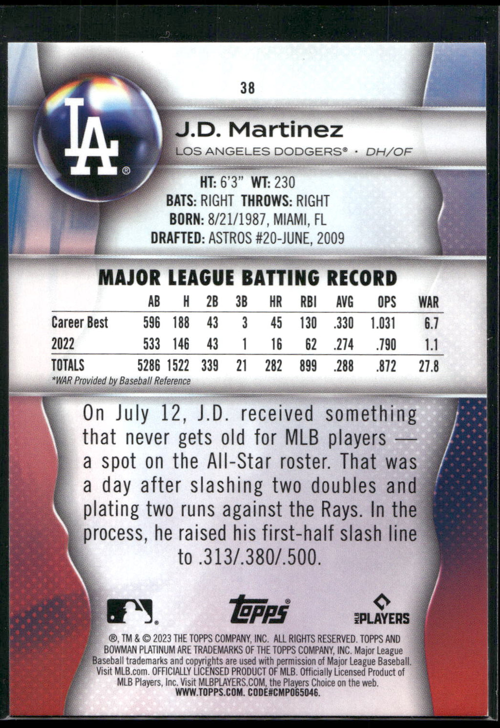 2023 Bowman Platinum #38 J.D. Martinez