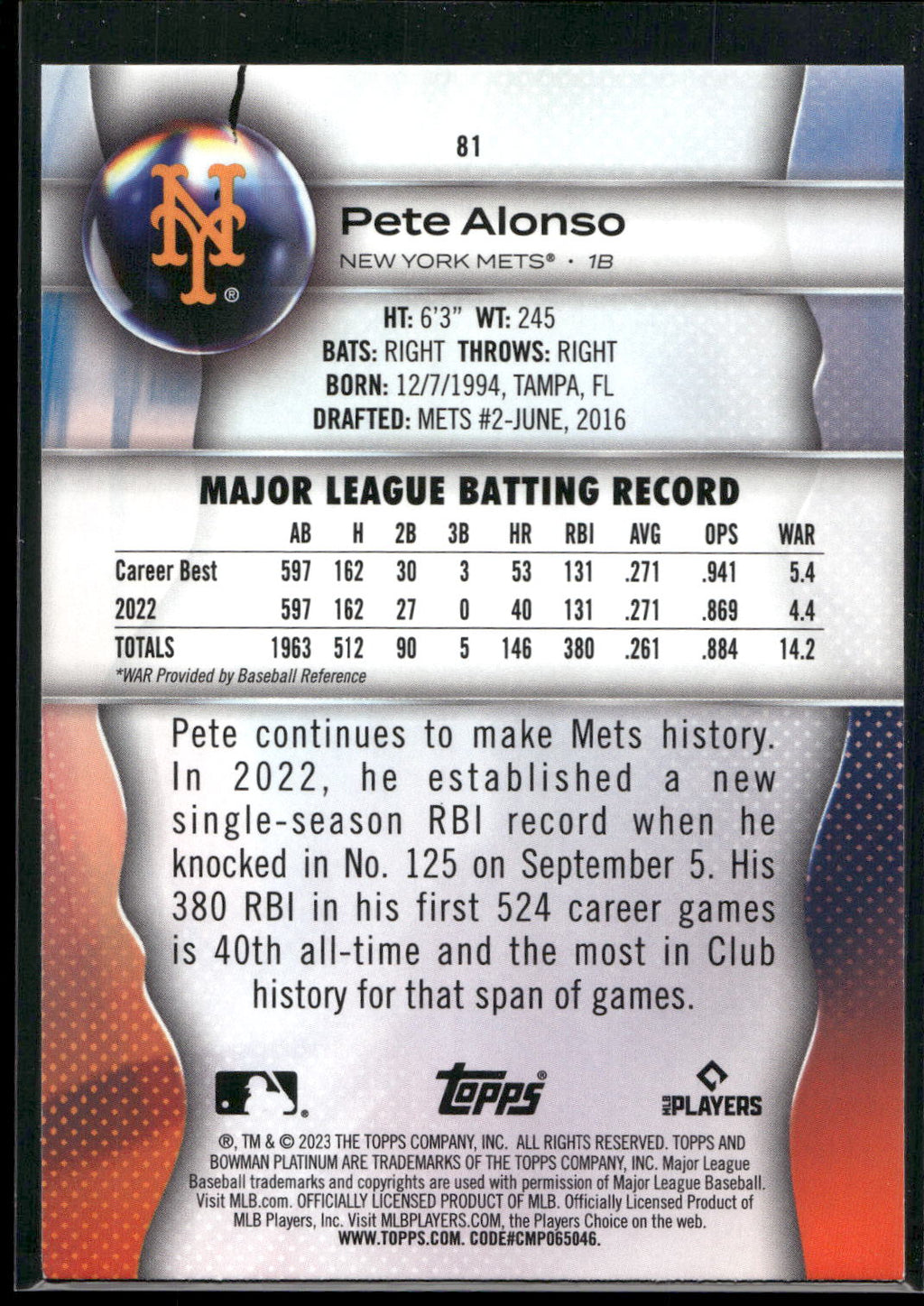 2023 Bowman Platinum #81 Pete Alonso