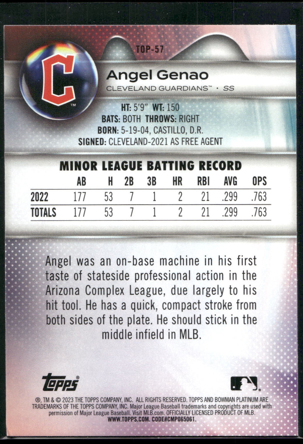 2023 Bowman Platinum #TOP-57 Angel Genao Top Prospects