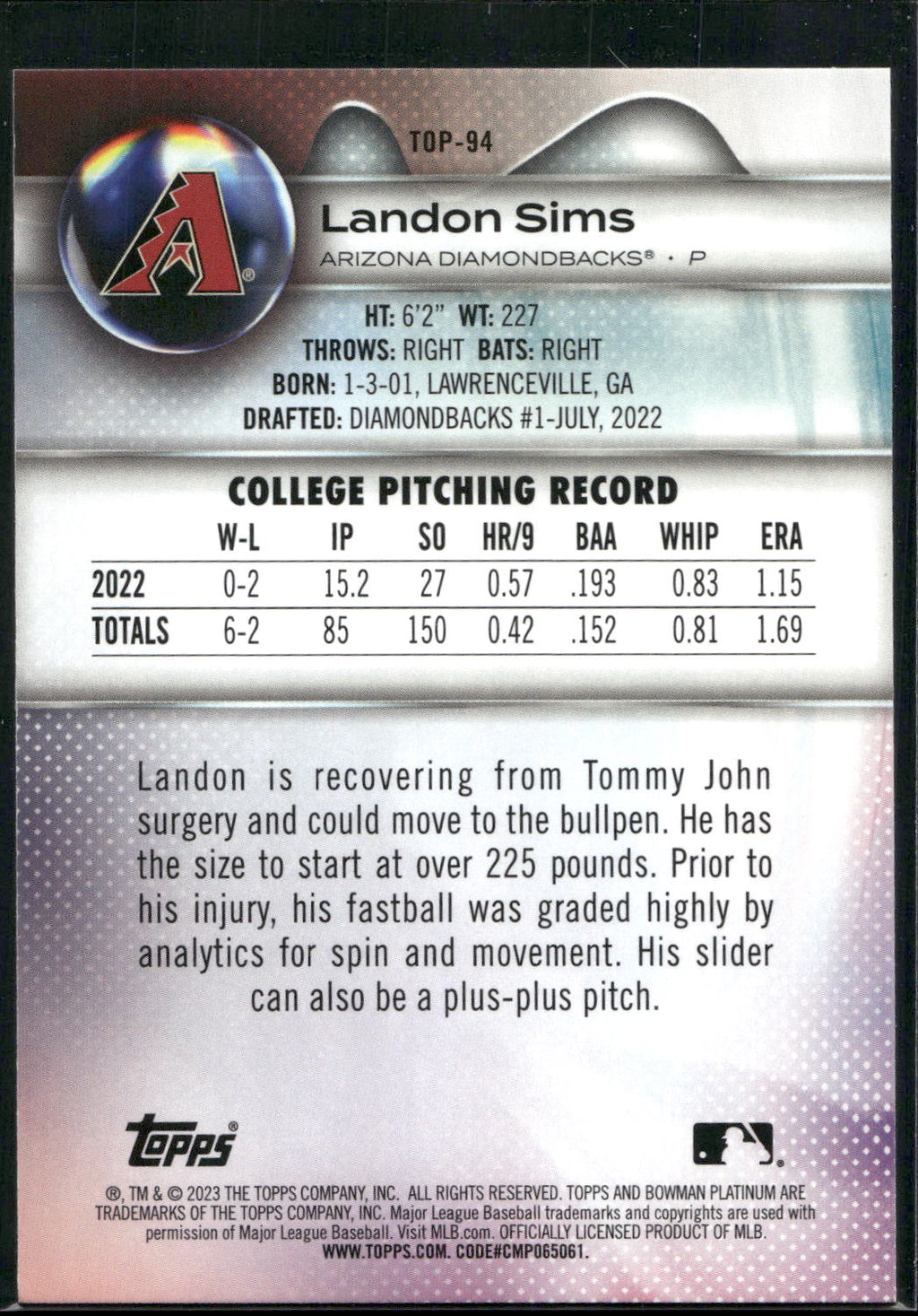 2023 Bowman Platinum #TOP-94 Landon Sims Top Prospects