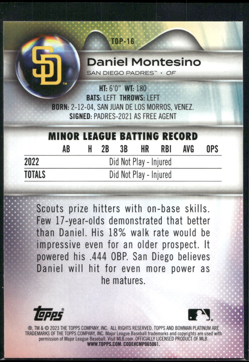 2023 Bowman Platinum #TOP-16 Daniel Montesino Top Prospects