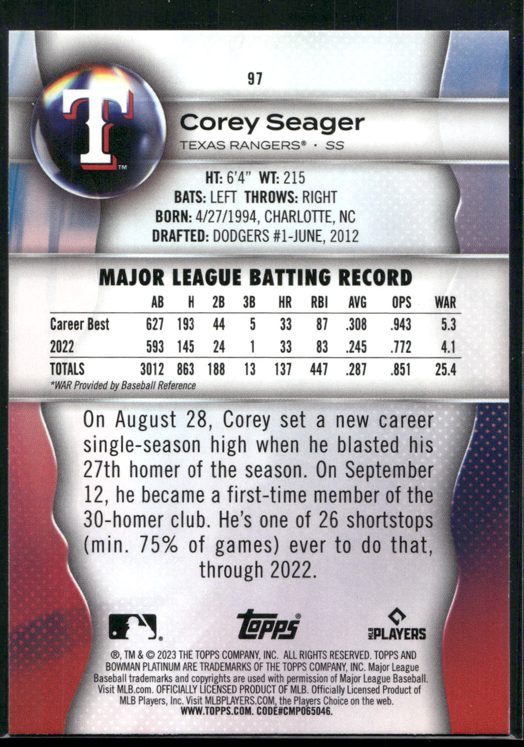 2023 Bowman Platinum #97 Corey Seager