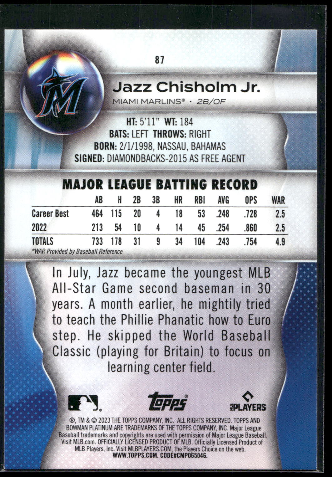 2023 Bowman Platinum #87 Jazz Chisholm Jr.