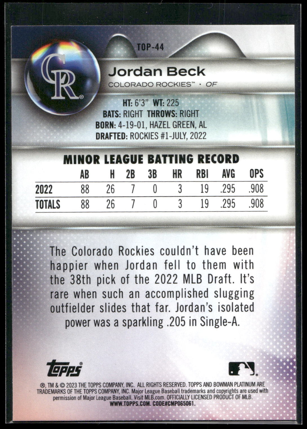 2023 Bowman Platinum #TOP-44 Jordan Beck Top Prospects