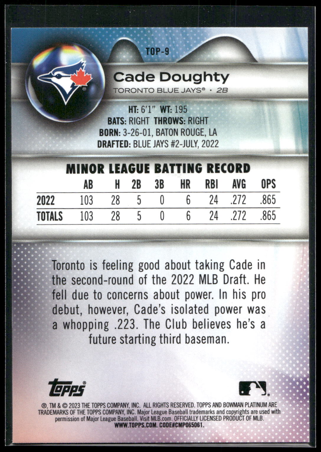 2023 Bowman Platinum #TOP-9 Cade Doughty Top Prospects