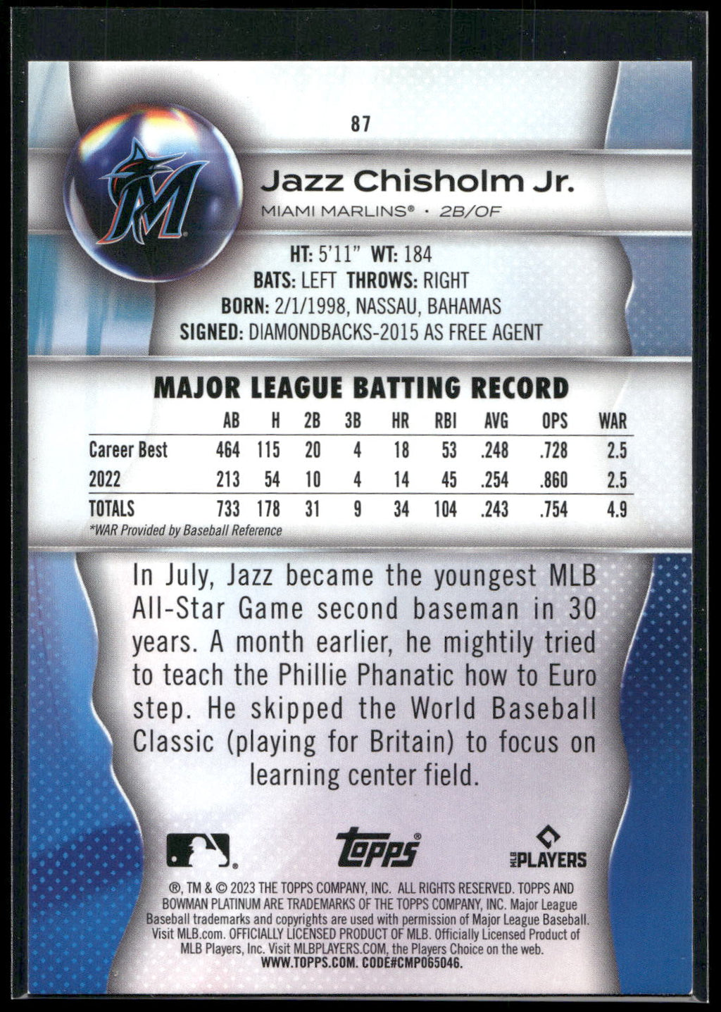 2023 Bowman Platinum #87 Jazz Chisholm Jr.