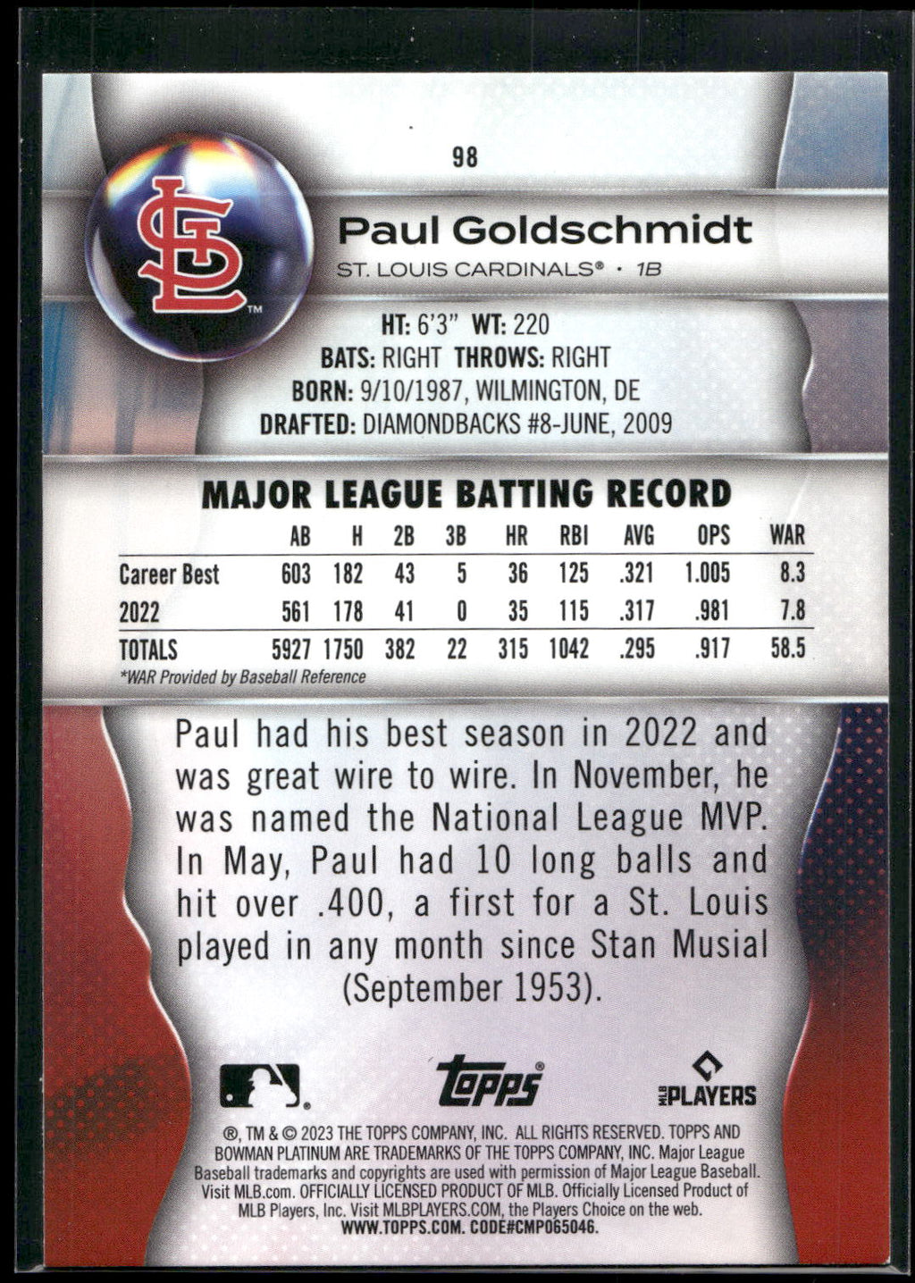 2023 Bowman Platinum #98 Paul Goldschmidt