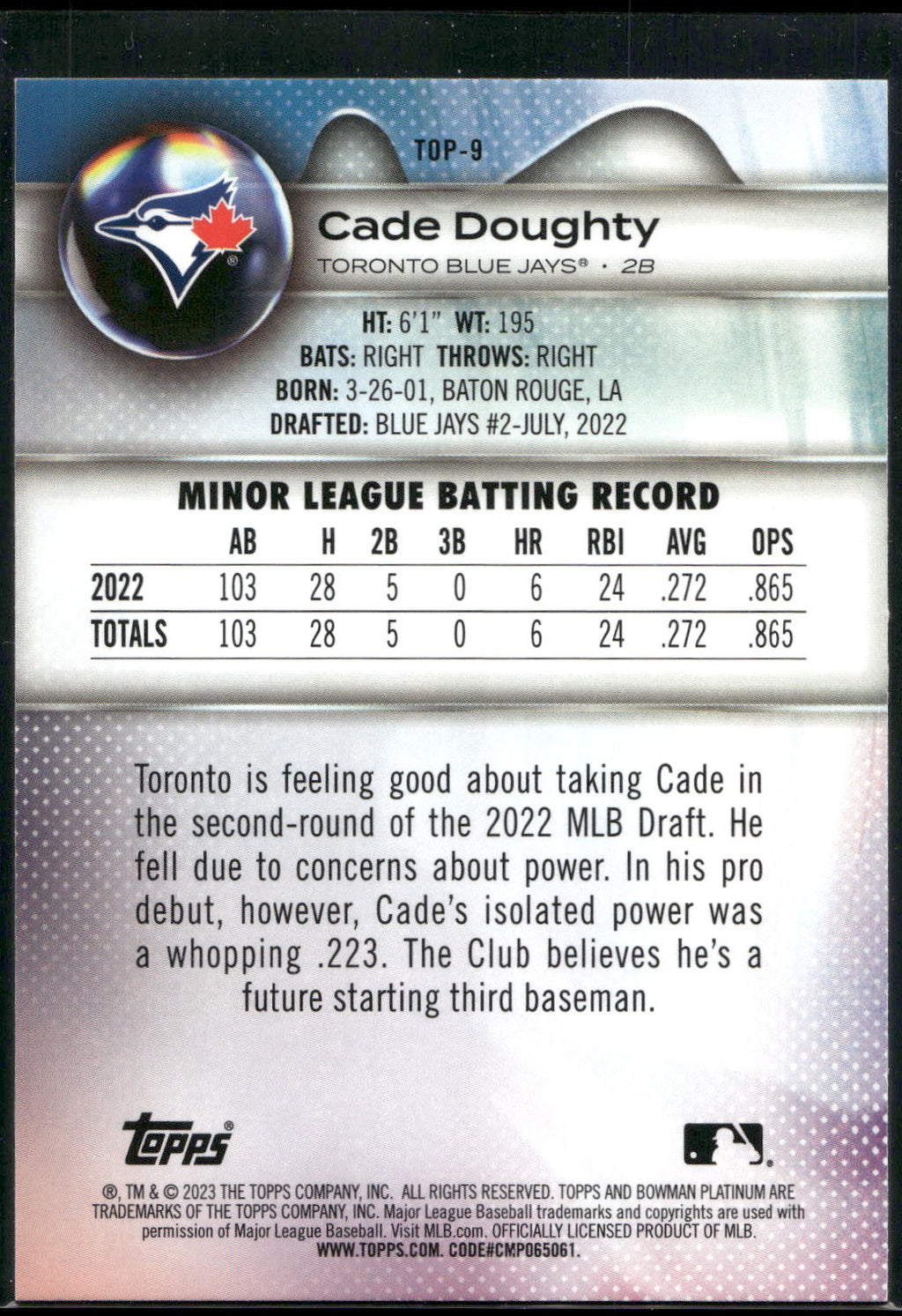 2023 Bowman Platinum #TOP-9 Cade Doughty Top Prospects