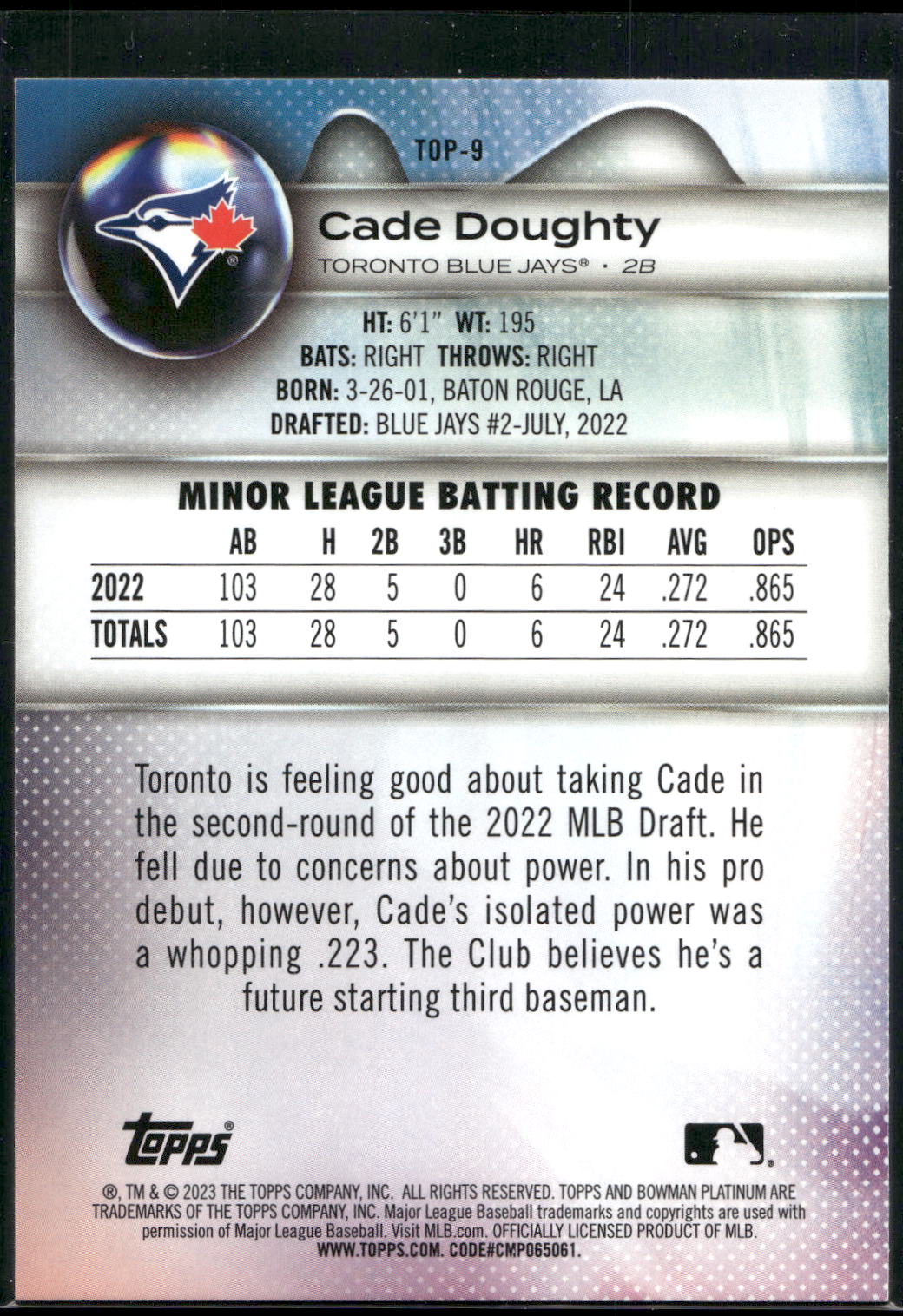 2023 Bowman Platinum #TOP-9 Cade Doughty Top Prospects