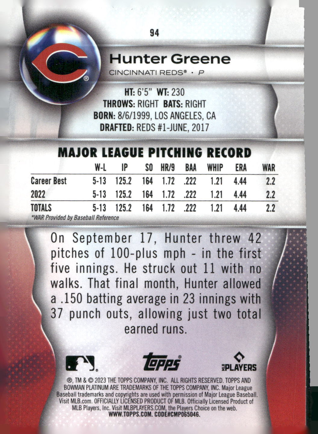 2023 Bowman Platinum #94 Hunter Greene
