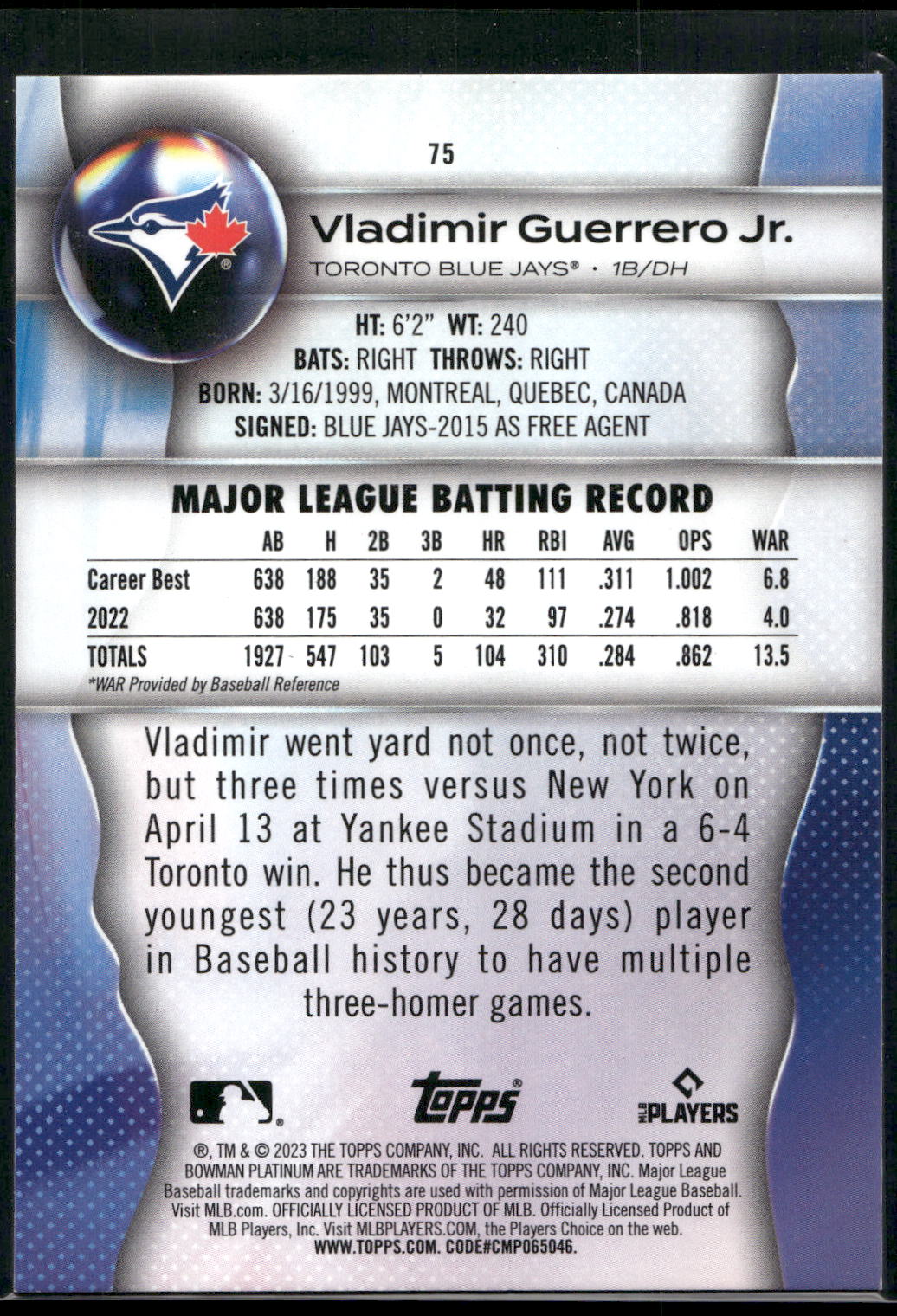 2023 Bowman Platinum #75 Vladimir Guerrero Jr.