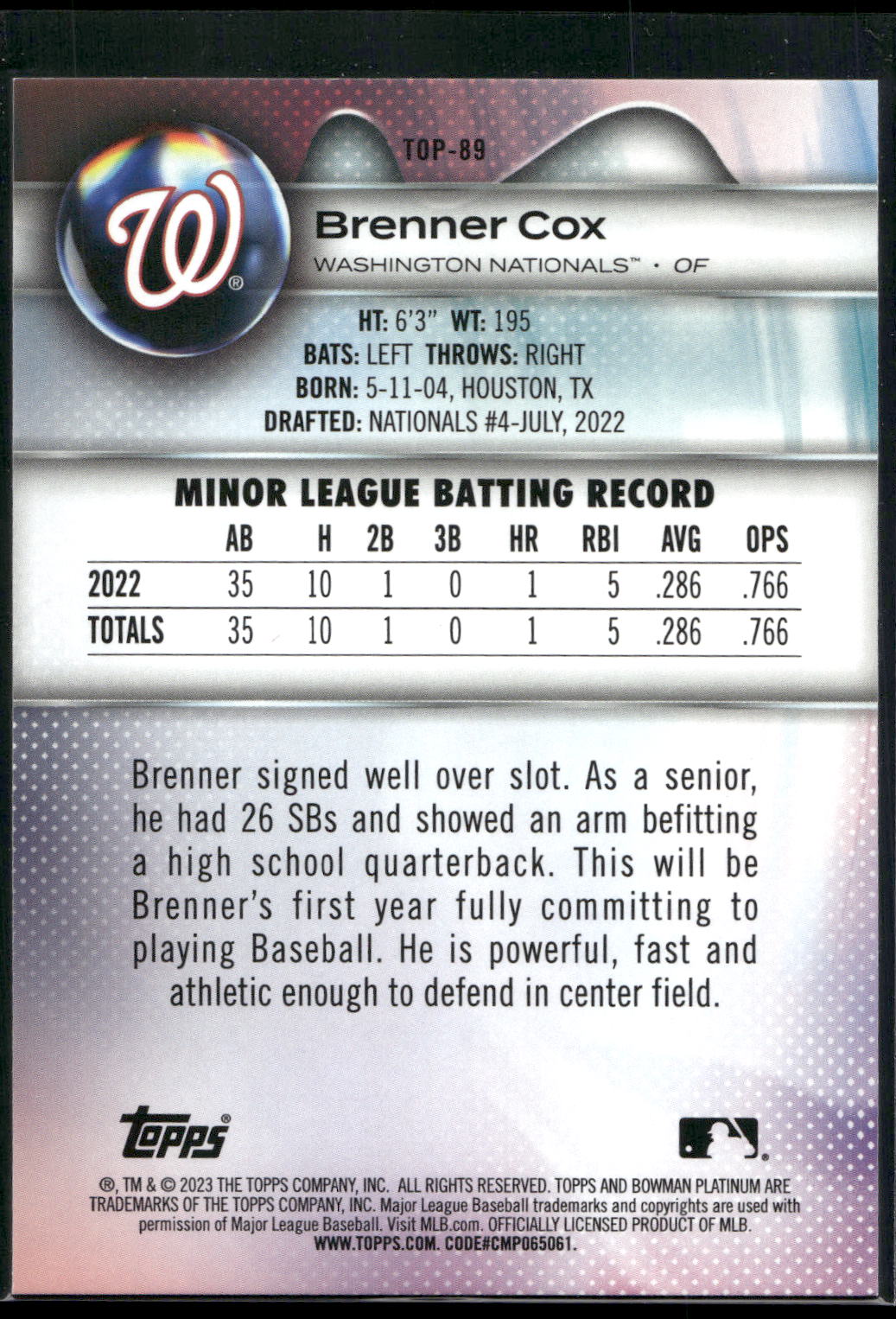 2023 Bowman Platinum #TOP-89 Brenner Cox Top Prospects