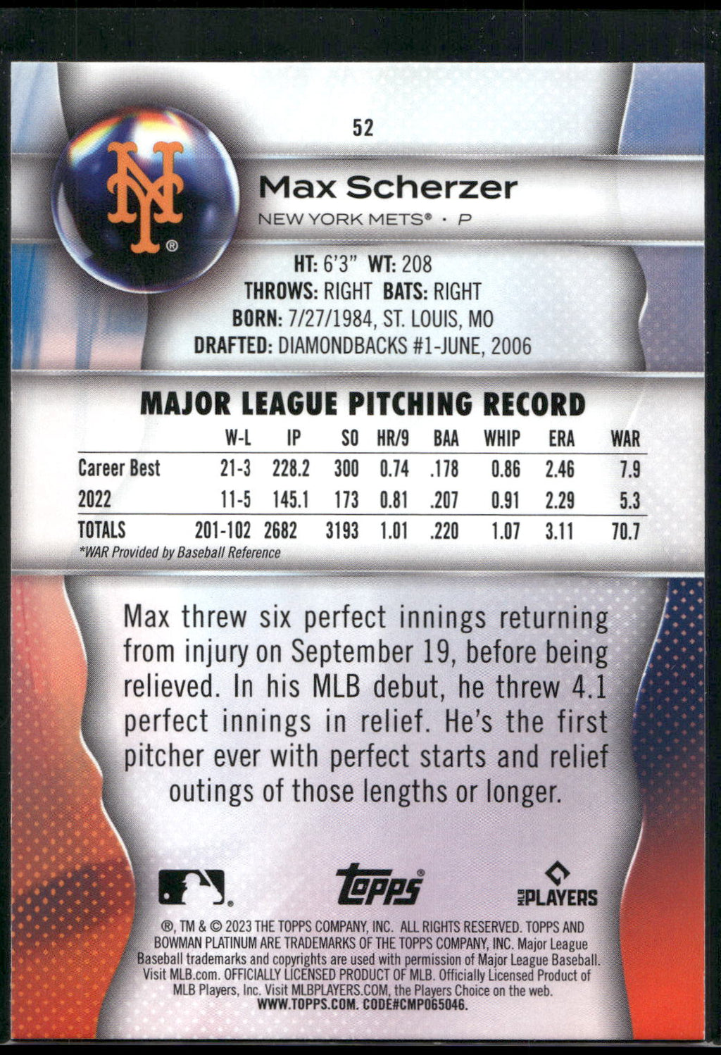 2023 Bowman Platinum #52 Max Scherzer