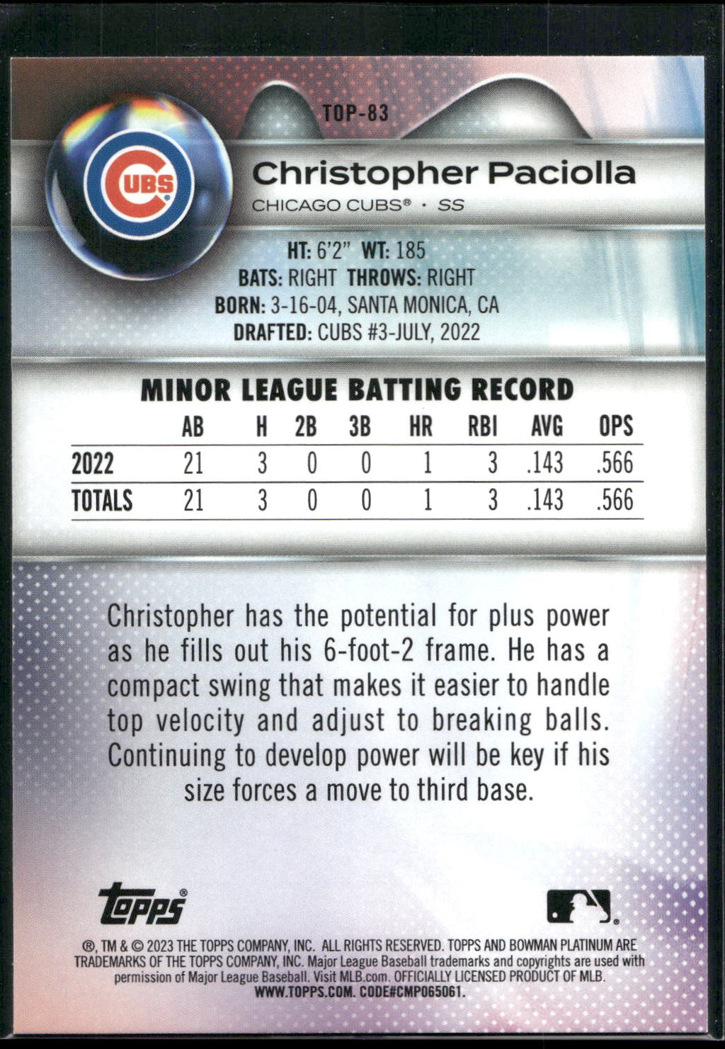 2023 Bowman Platinum #TOP-83 Christopher Paciolla Top Prospects
