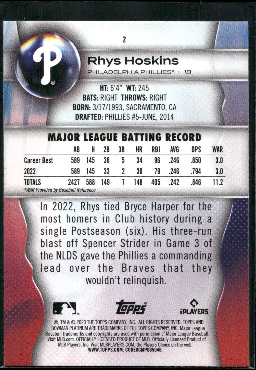 2023 Bowman Platinum #2 Rhys Hoskins