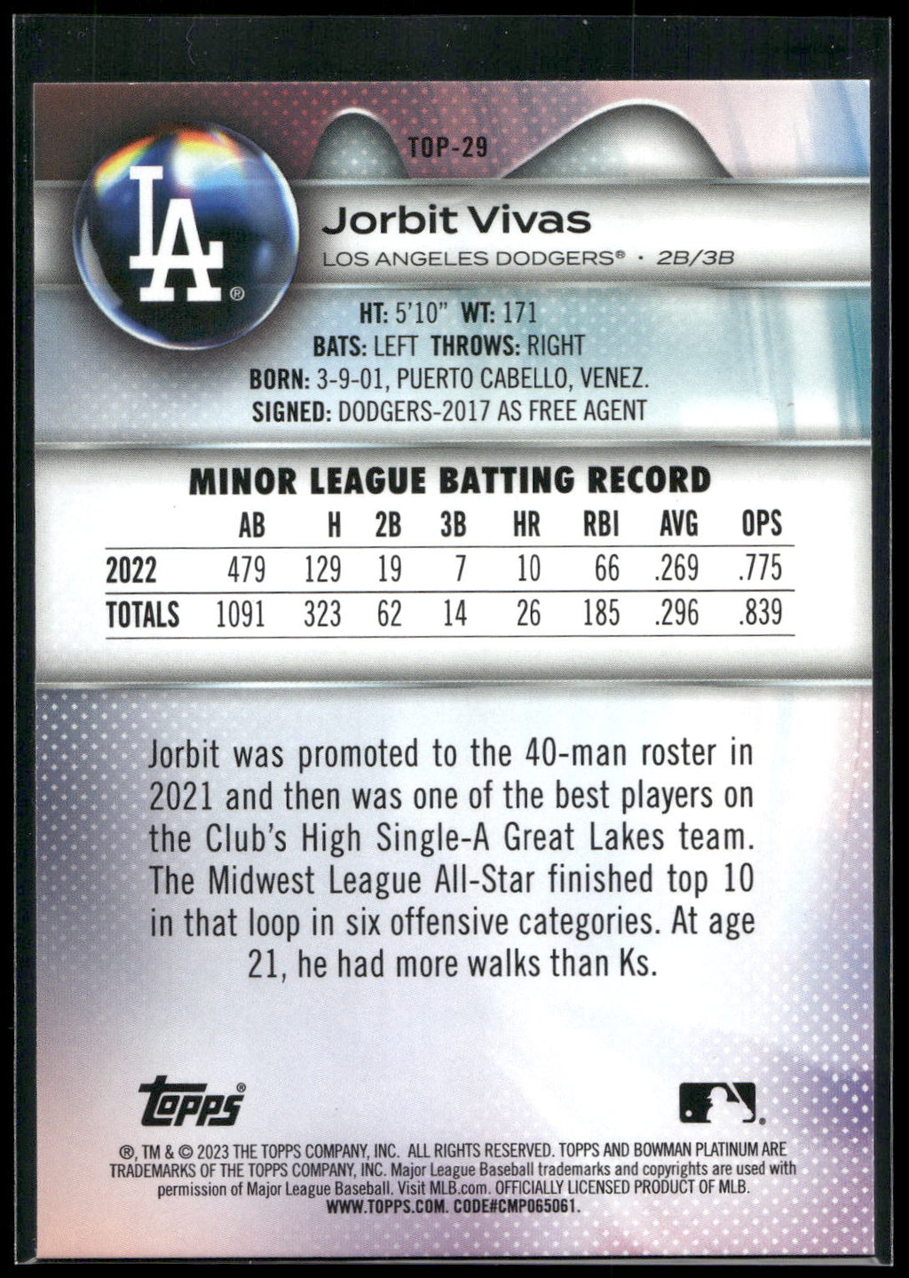 2023 Bowman Platinum #TOP-29 Jorbit Vivas Top Prospects