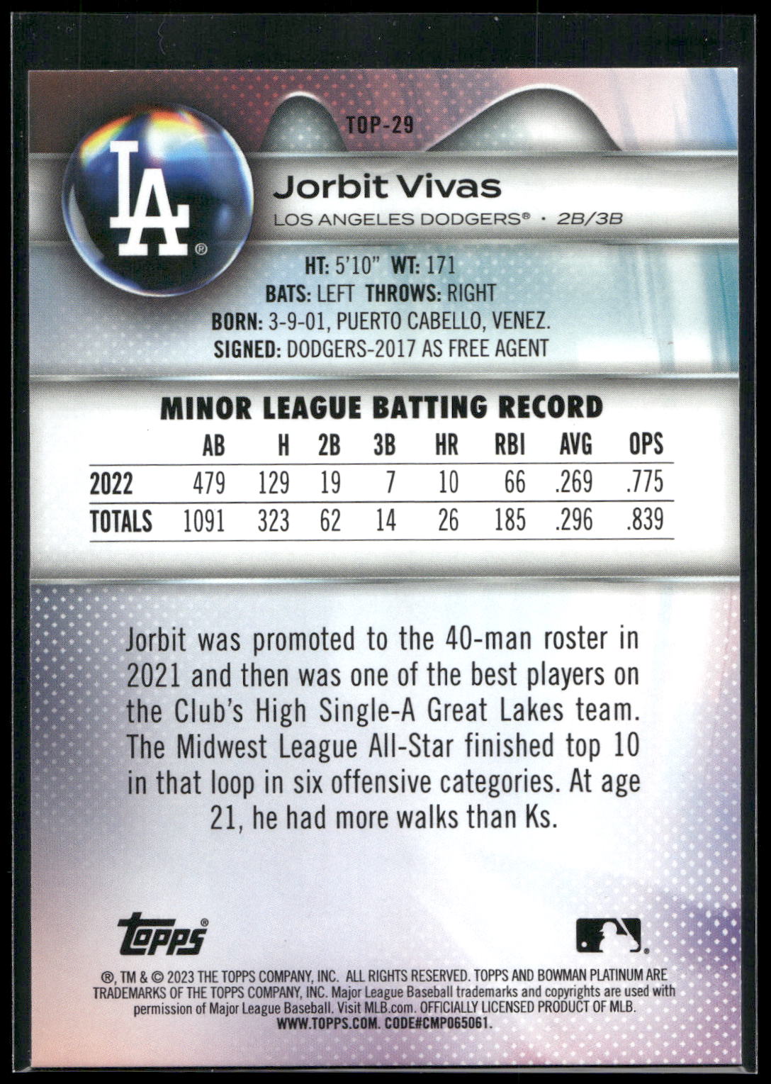 2023 Bowman Platinum #TOP-29 Jorbit Vivas Top Prospects
