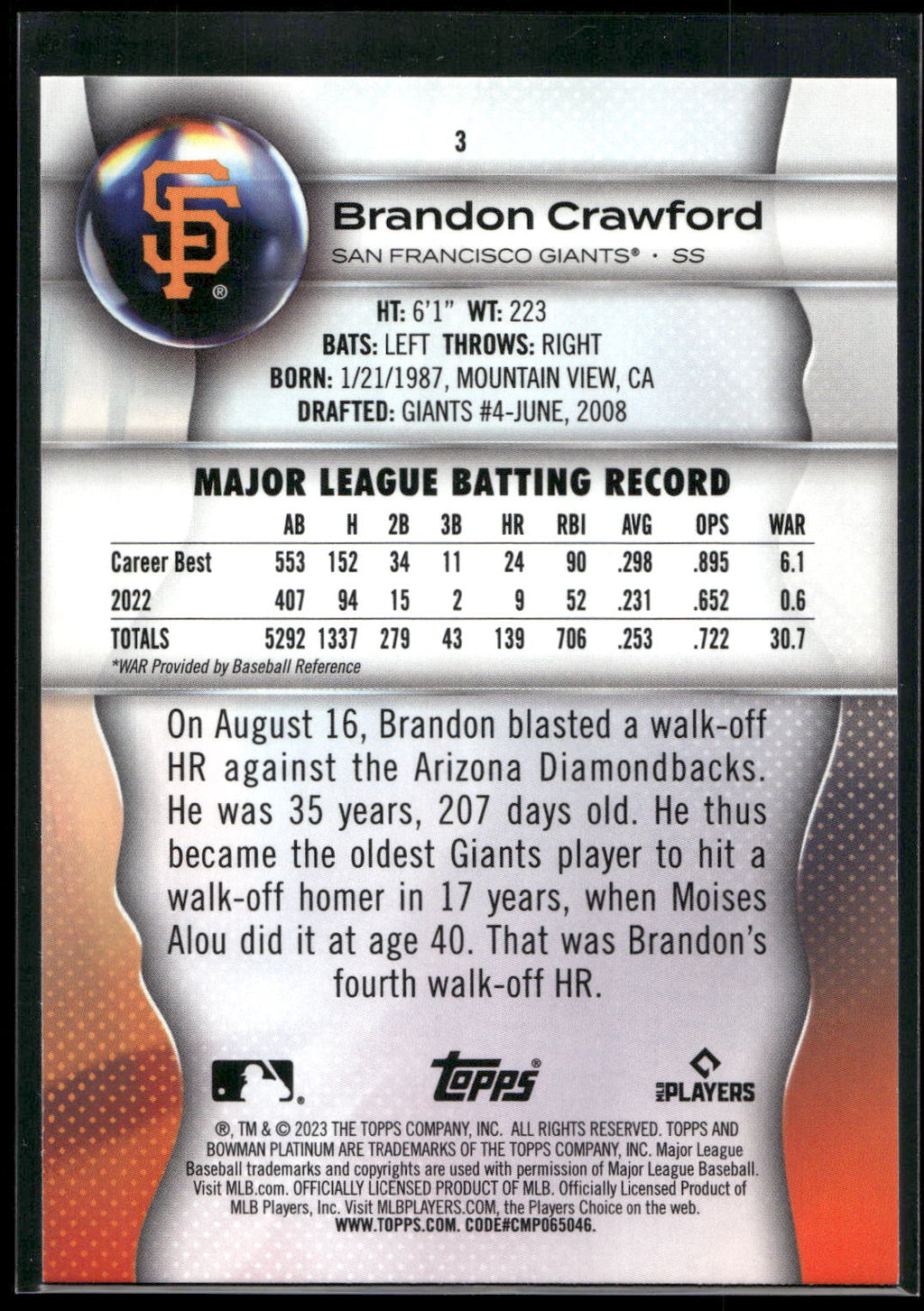 2023 Bowman Platinum #3 Brandon Crawford