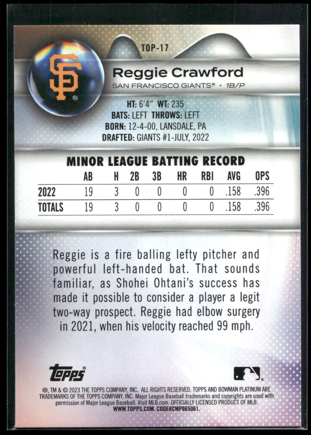 2023 Bowman Platinum #TOP-17 Reggie Crawford Top Prospects