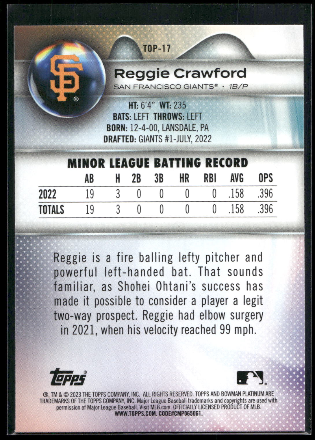 2023 Bowman Platinum #TOP-17 Reggie Crawford Top Prospects