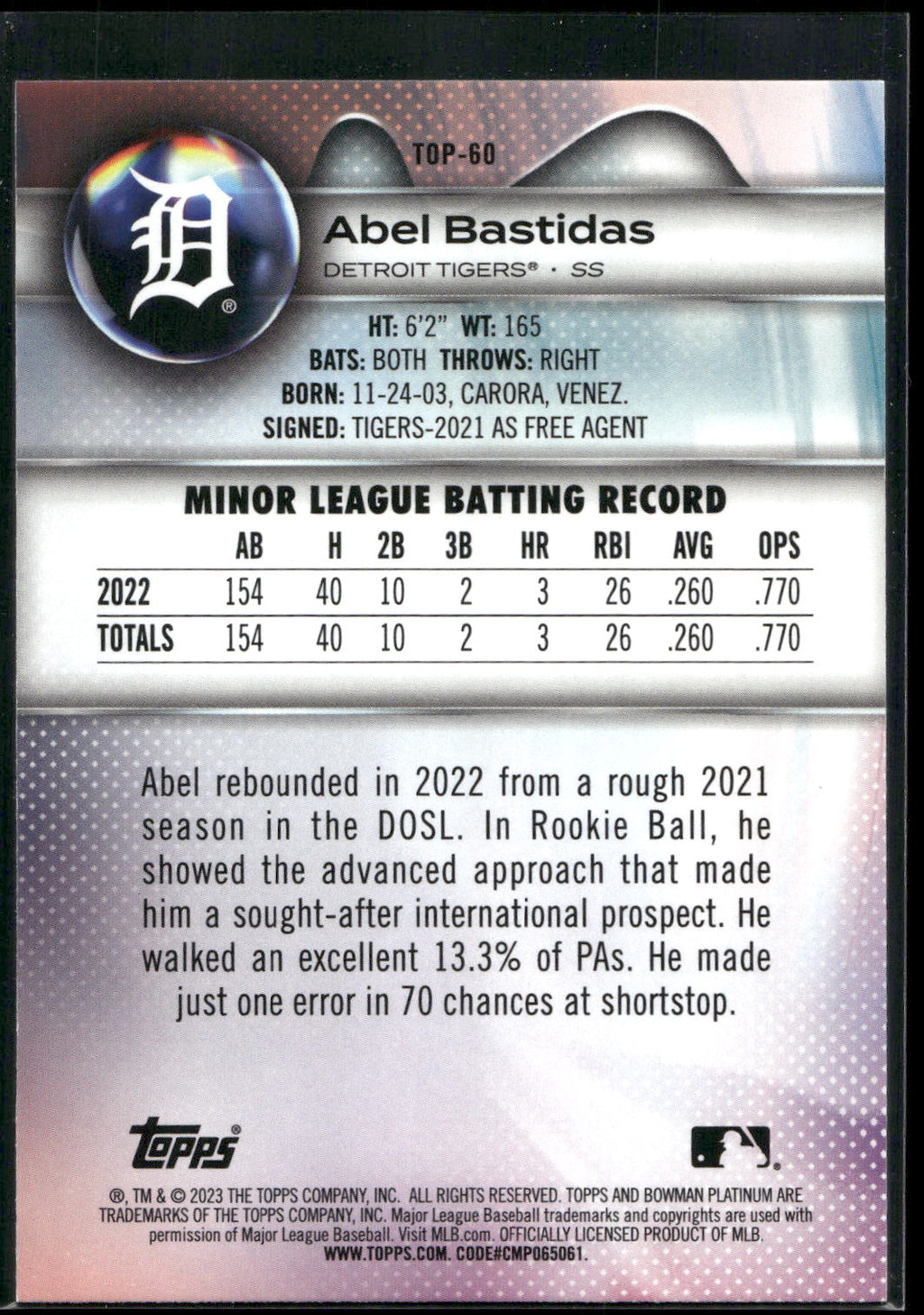 2023 Bowman Platinum #TOP-60 Abel Bastidas Top Prospects