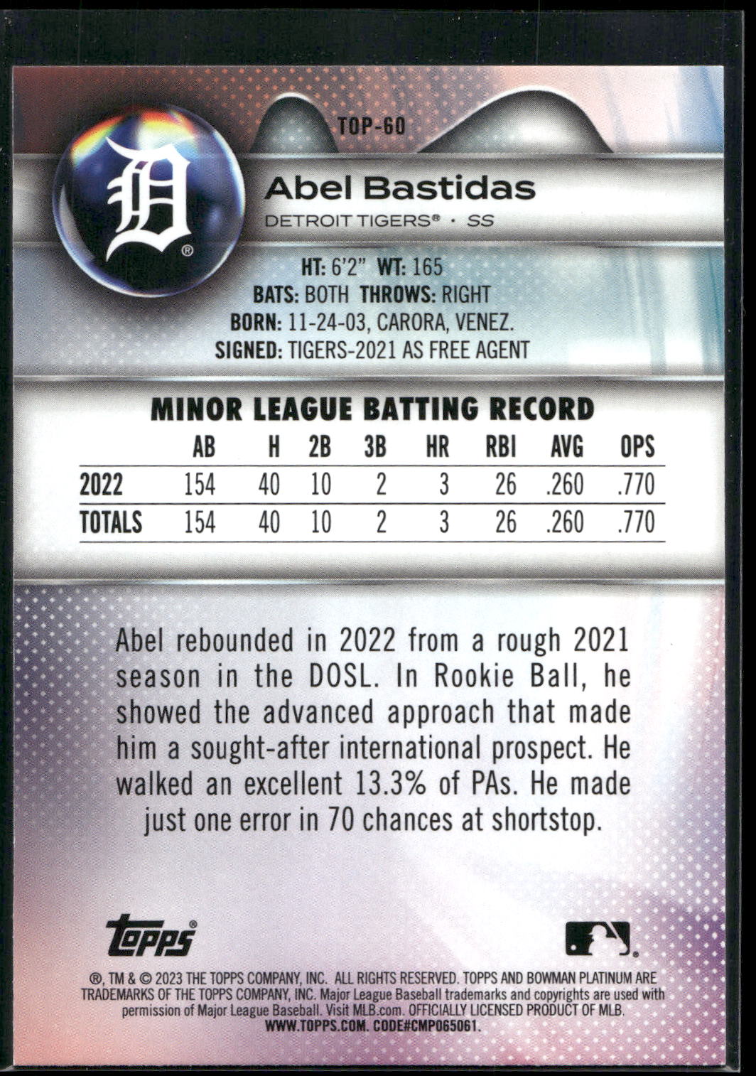 2023 Bowman Platinum #TOP-60 Abel Bastidas Top Prospects