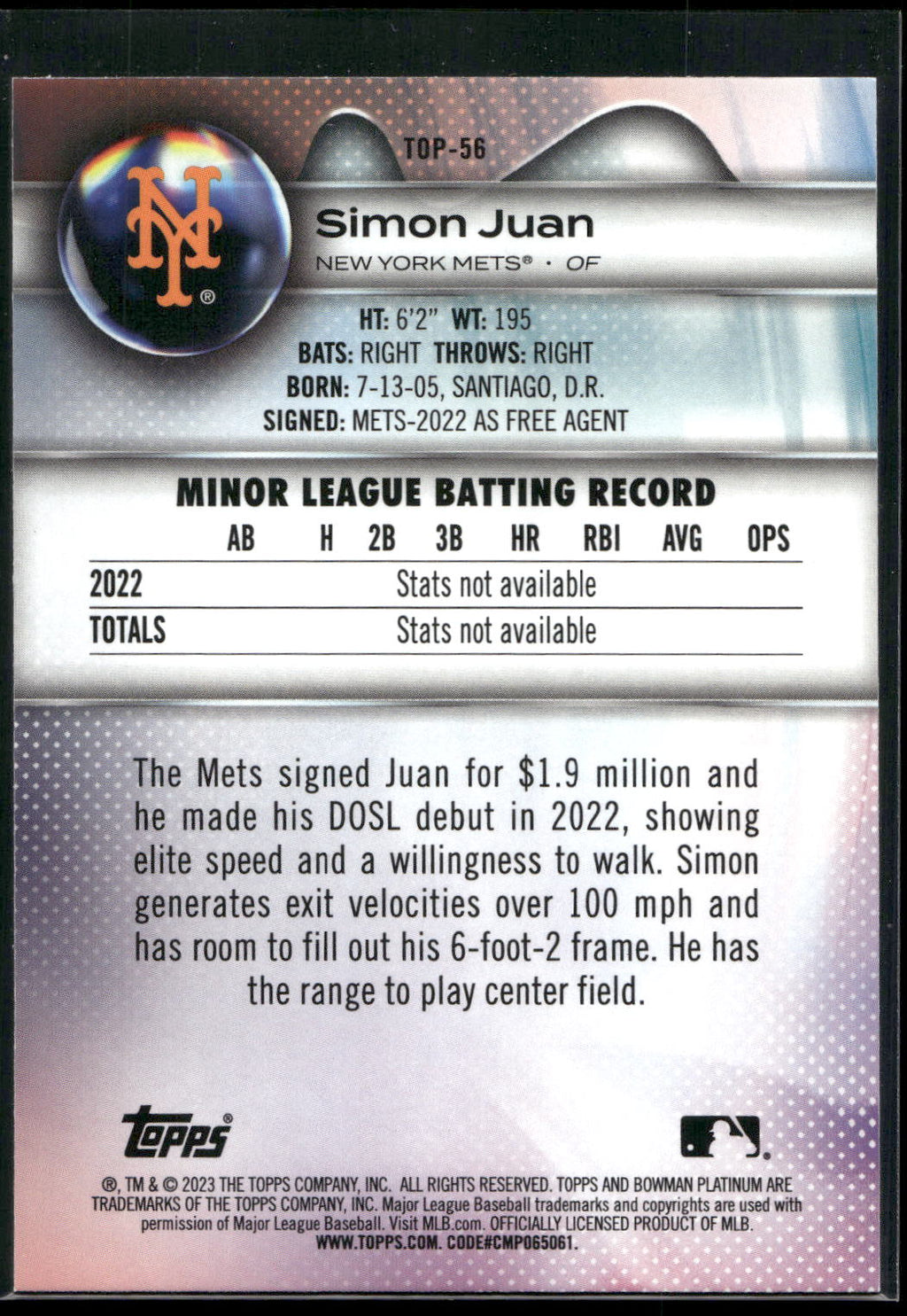 2023 Bowman Platinum #TOP-56 Simon Juan Top Prospects
