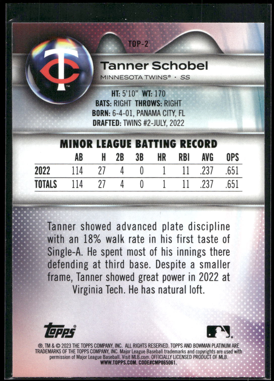2023 Bowman Platinum #TOP-2 Tanner Schobel Top Prospects