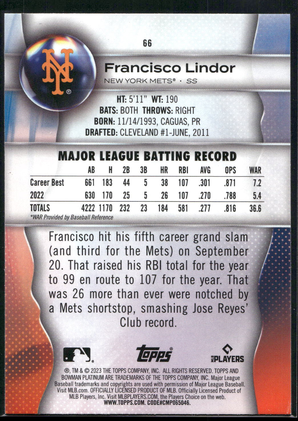 2023 Bowman Platinum #66 Francisco Lindor