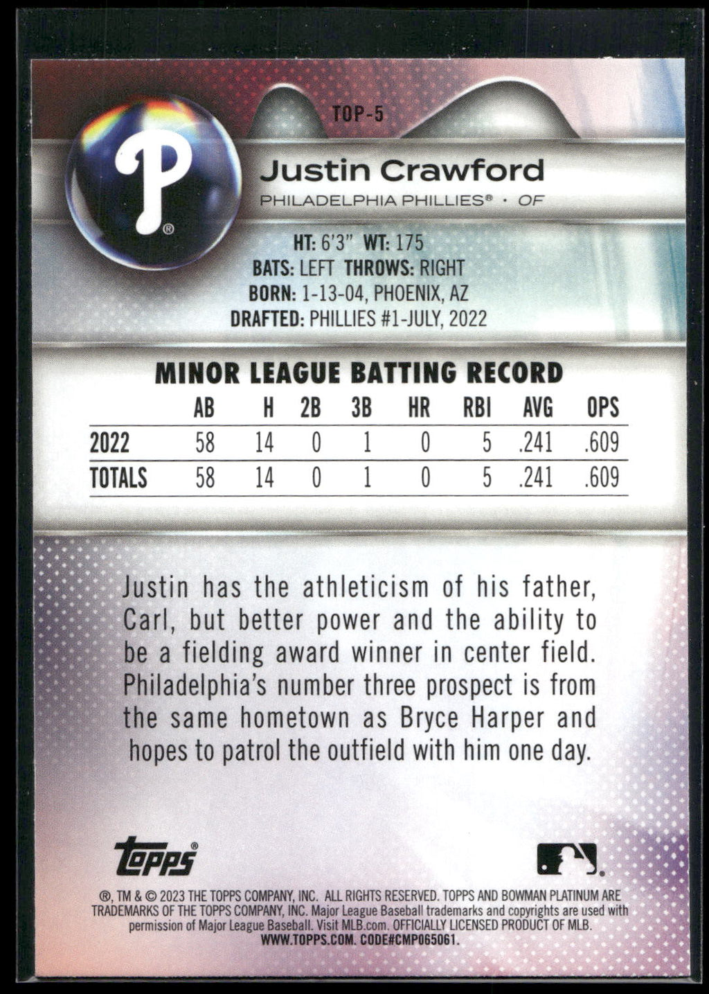 2023 Bowman Platinum #TOP-5 Justin Crawford Top Prospects