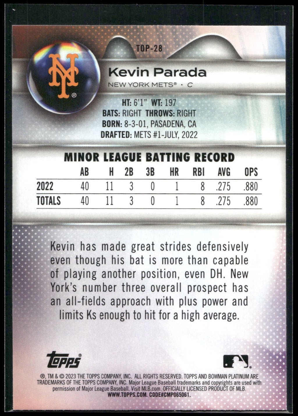 2023 Bowman Platinum #TOP-28 Kevin Parada Top Prospects