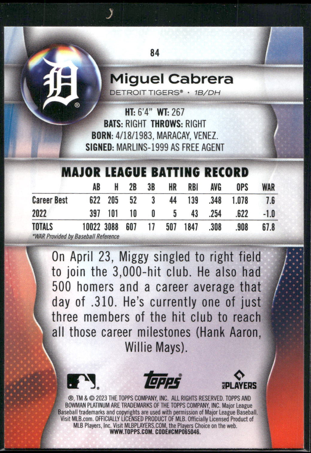 2023 Bowman Platinum #84 Miguel Cabrera