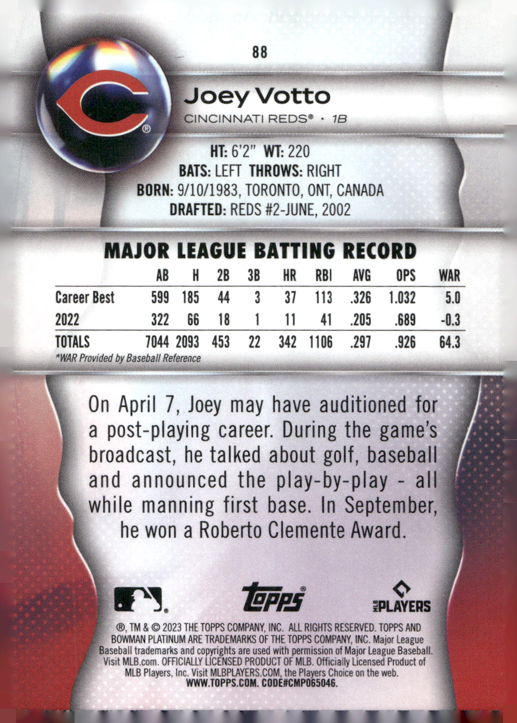 2023 Bowman Platinum #88 Joey Votto