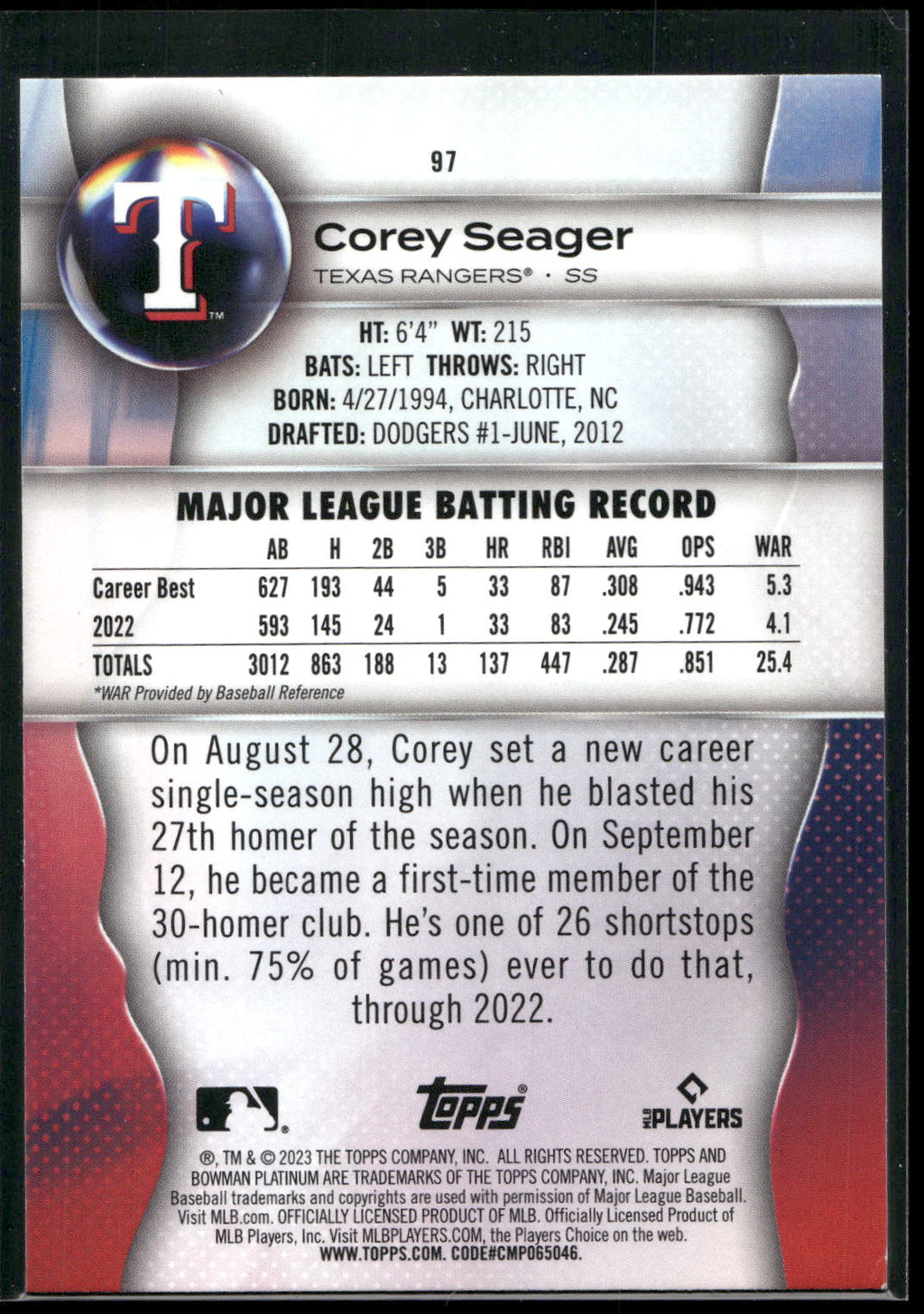 2023 Bowman Platinum #97 Corey Seager