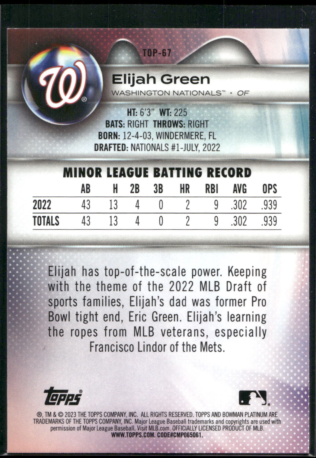 2023 Bowman Platinum #TOP-67 Elijah Green Top Prospects