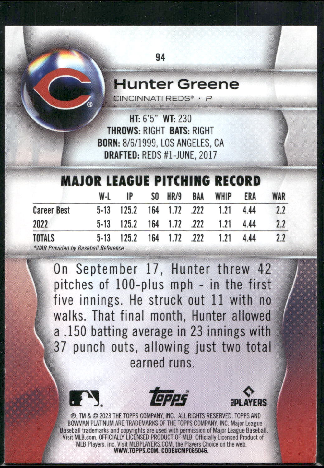 2023 Bowman Platinum #94 Hunter Greene