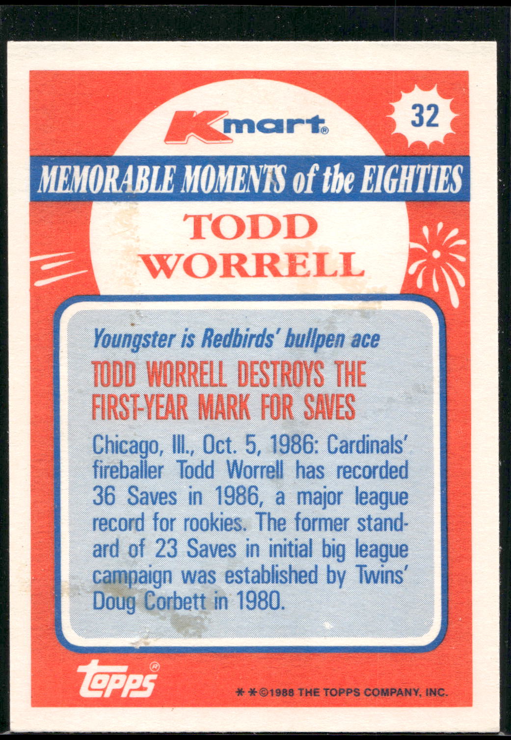 1988 Topps Kmart Memorable Moments #32 Todd Worrell