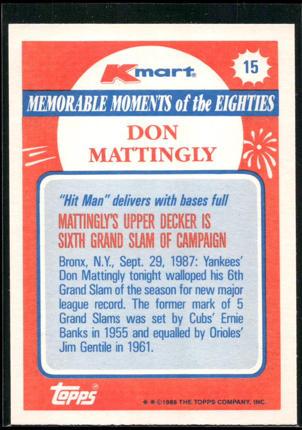 1988 Topps Kmart Memorable Moments #15 Don Mattingly