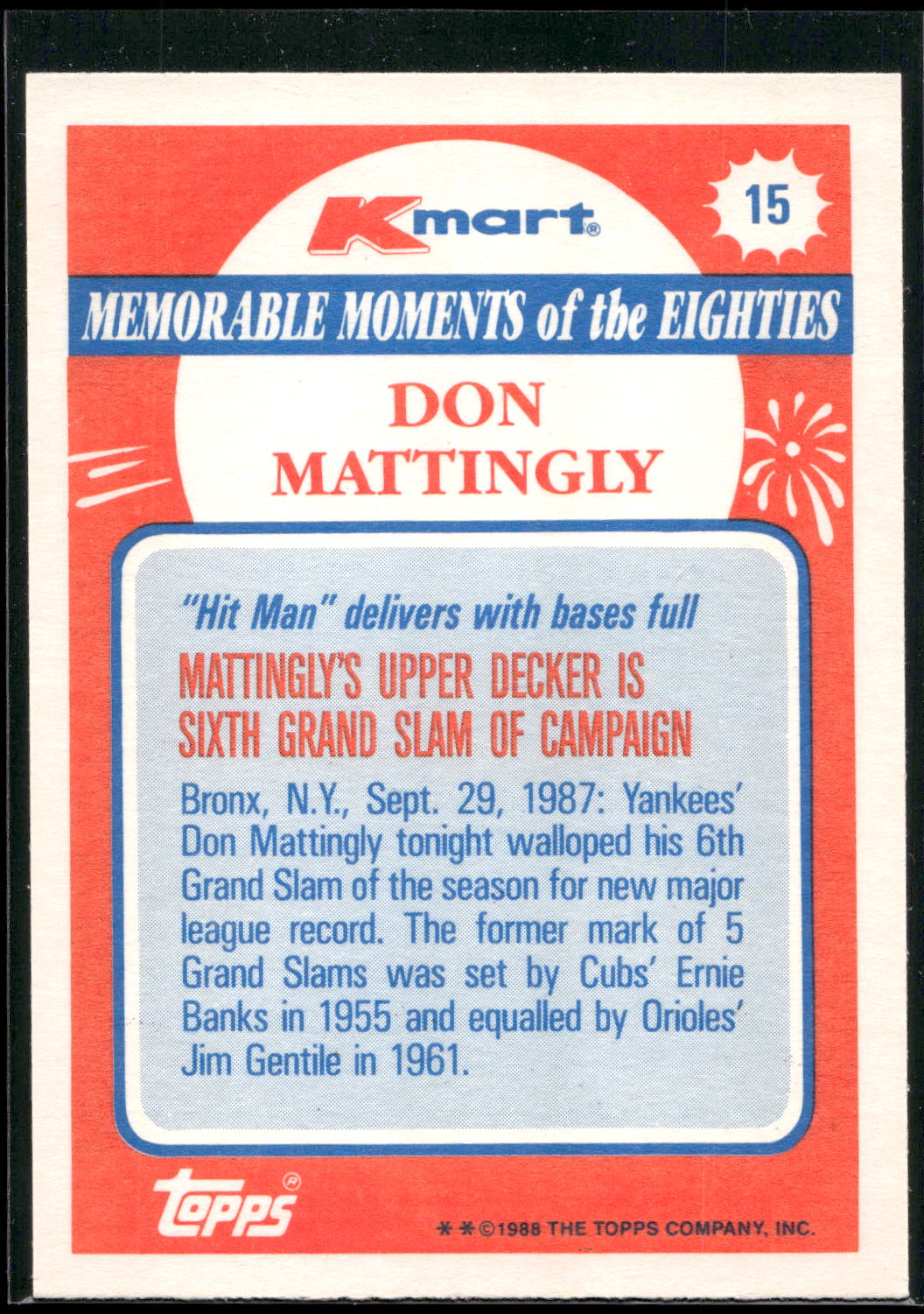 1988 Topps Kmart Memorable Moments #15 Don Mattingly