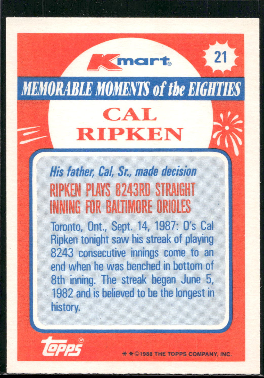 1988 Topps Kmart Memorable Moments #21 Cal Ripken