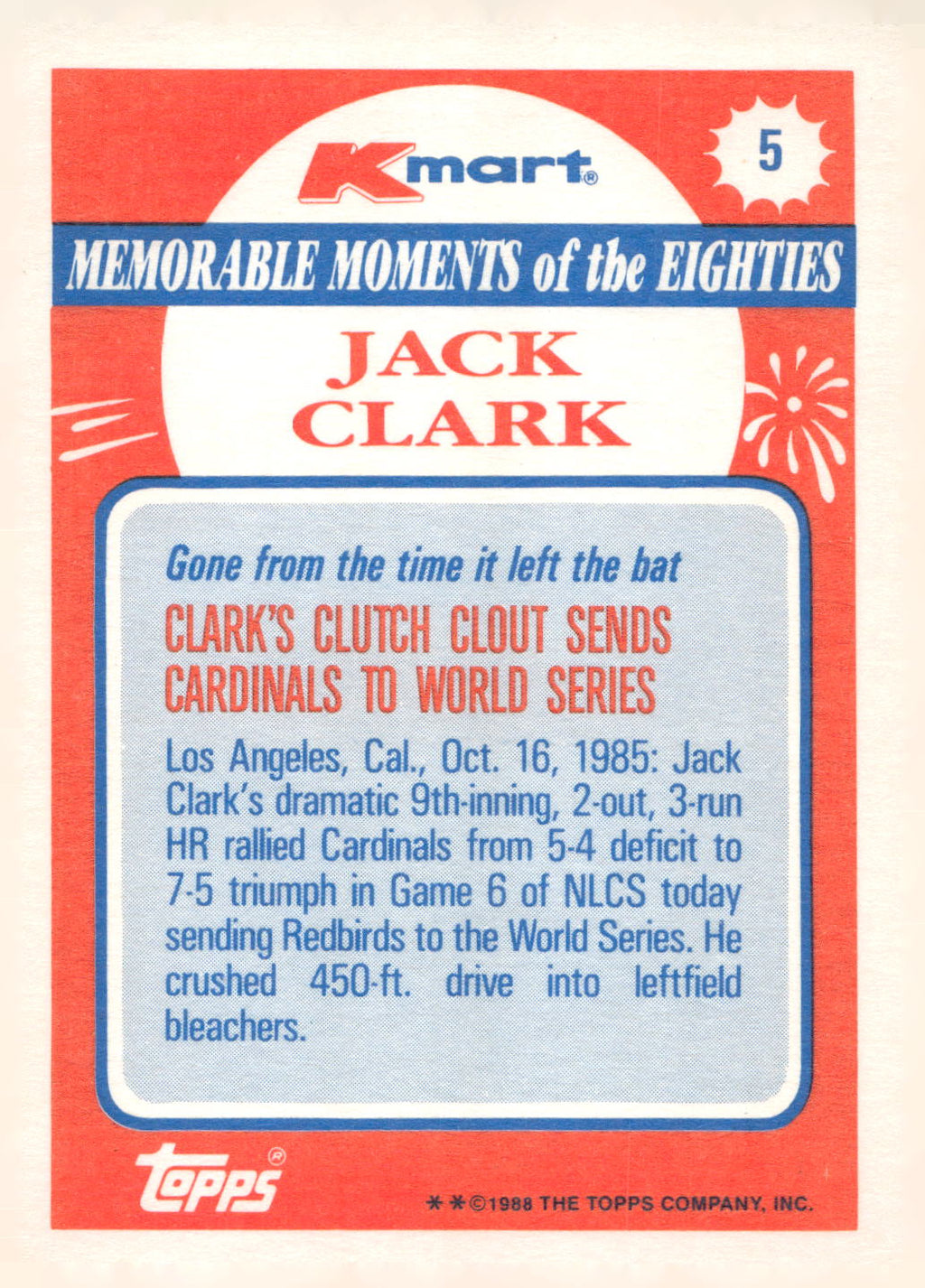 1988 Topps Kmart Memorable Moments #5 Jack Clark