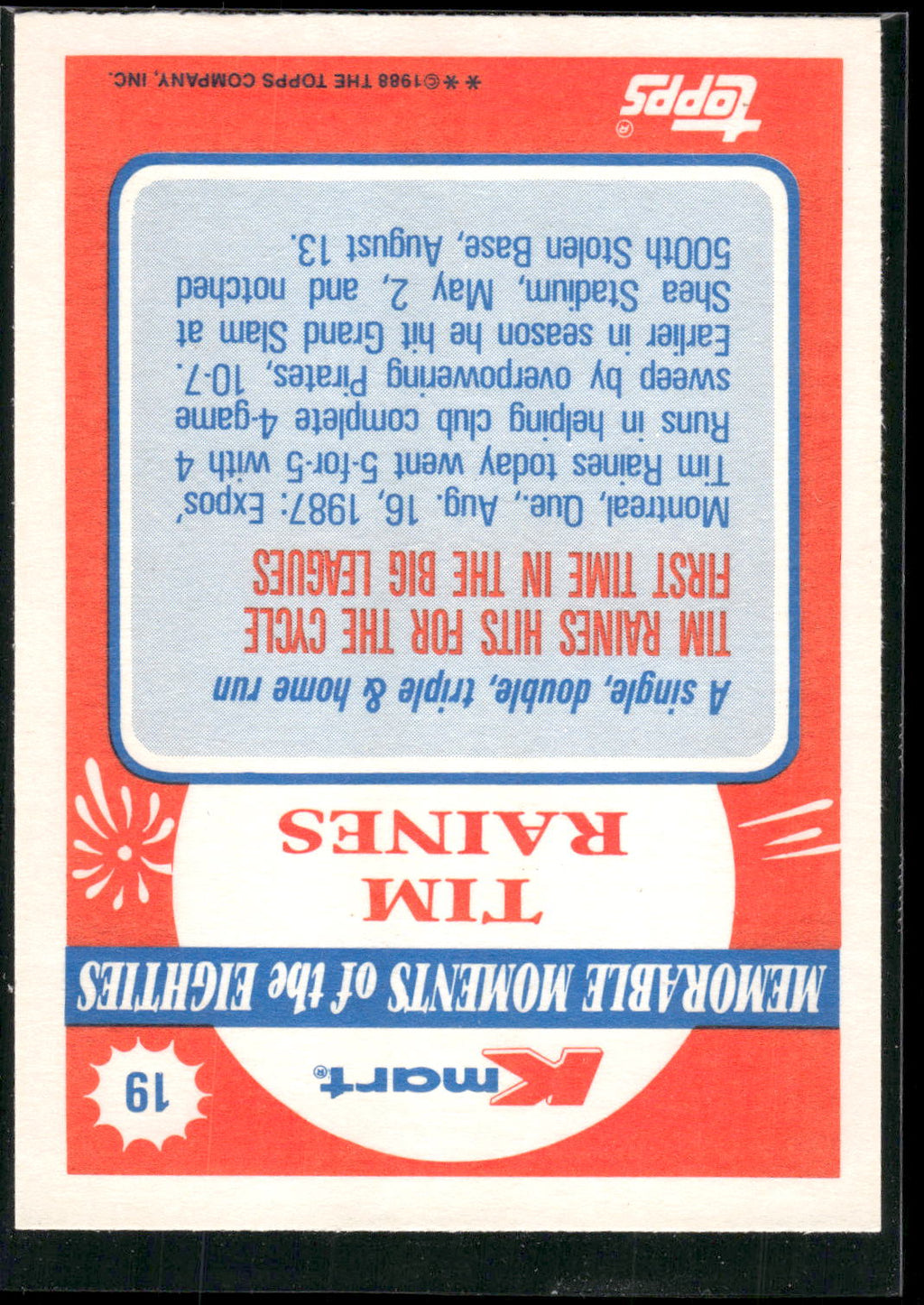 1988 Topps Kmart Memorable Moments #19 Tim Raines