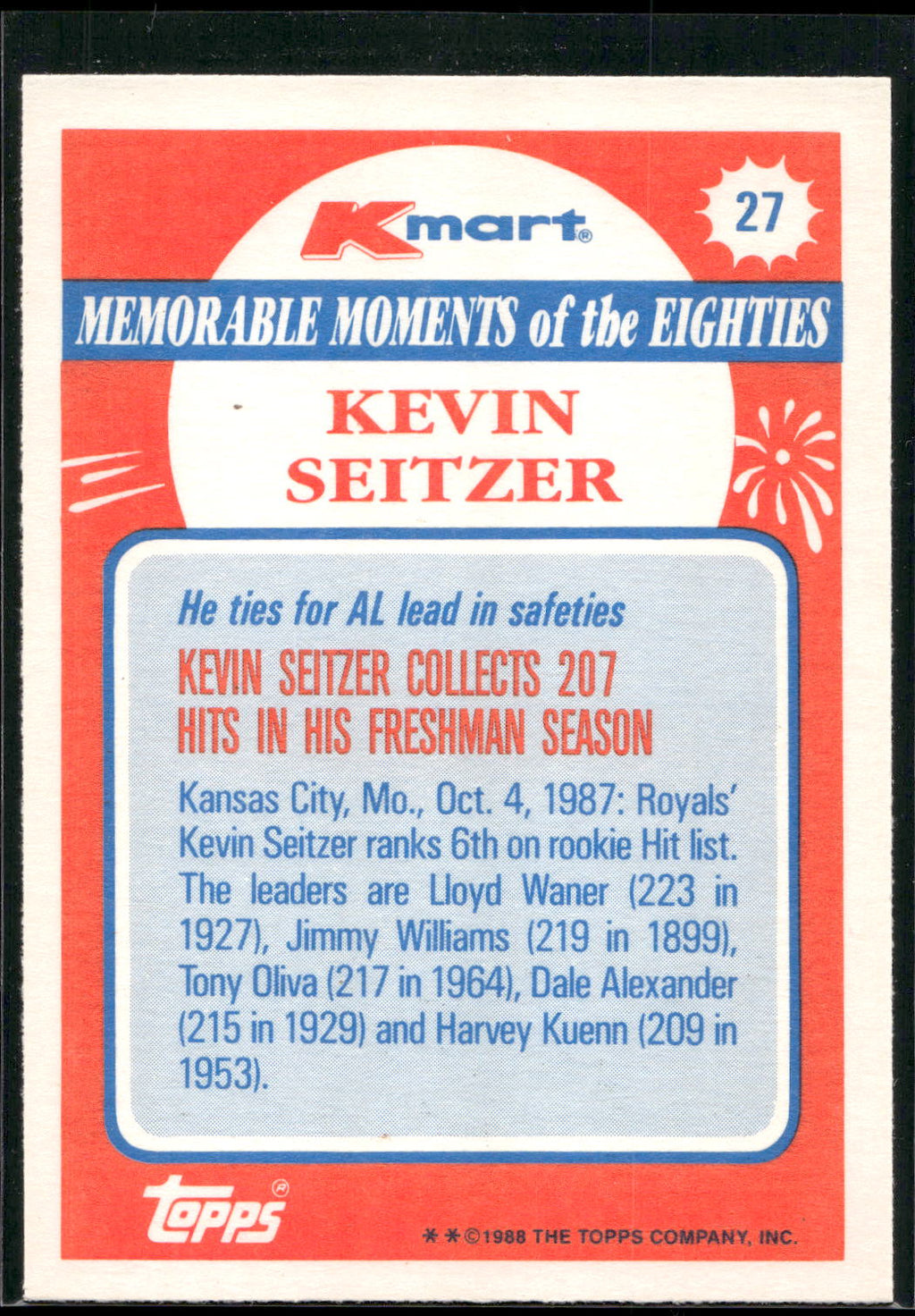 1988 Topps Kmart Memorable Moments #27 Kevin Seitzer