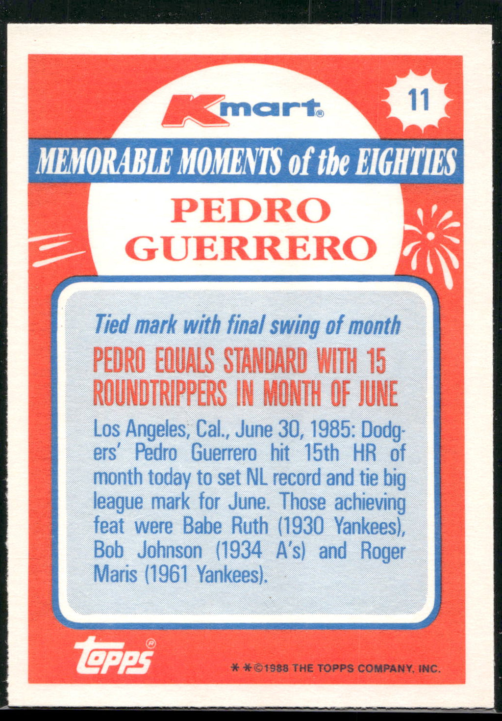1988 Topps Kmart Memorable Moments #11 Pedro Guerrero