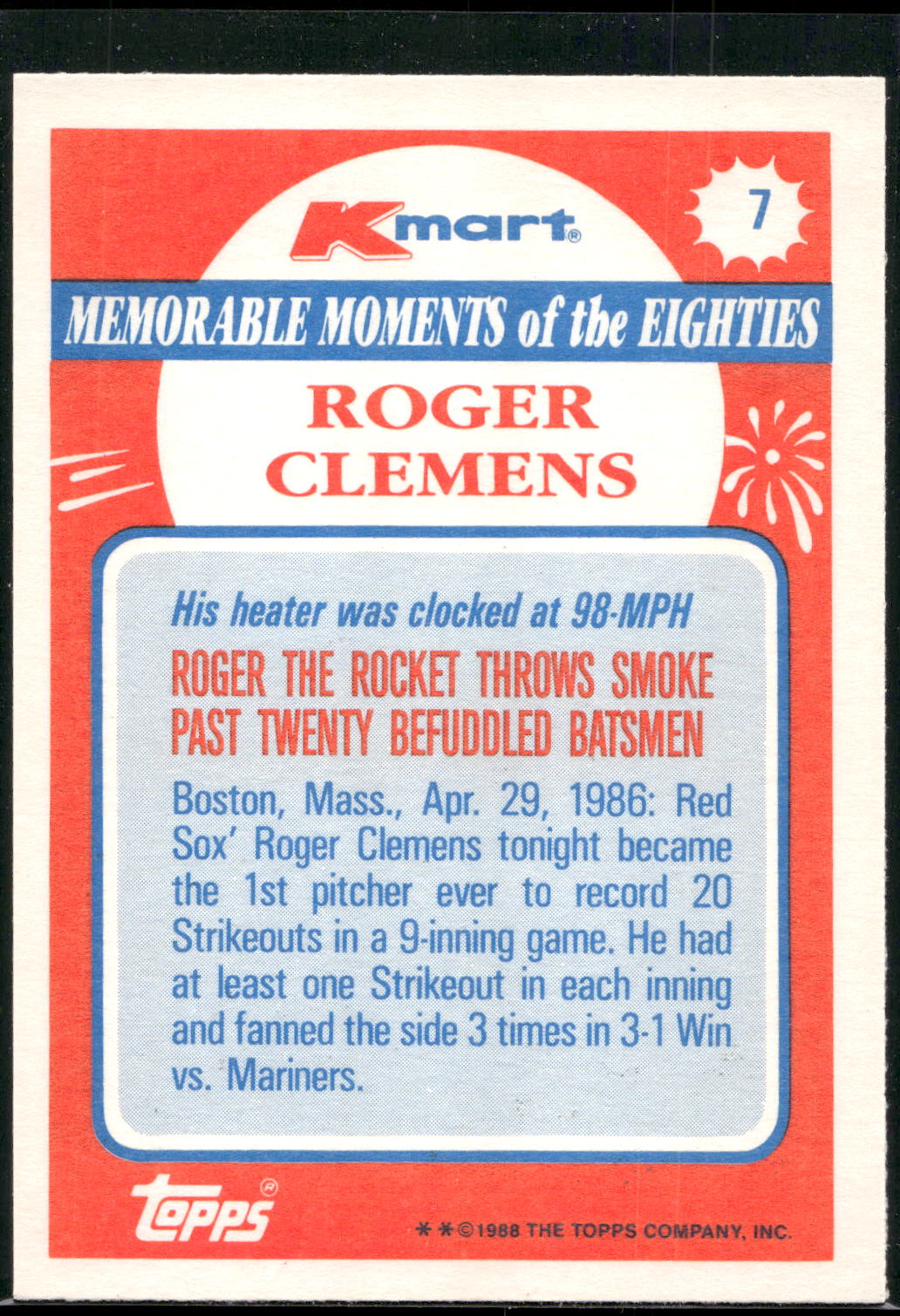 1988 Topps Kmart Memorable Moments #7 Roger Clemens