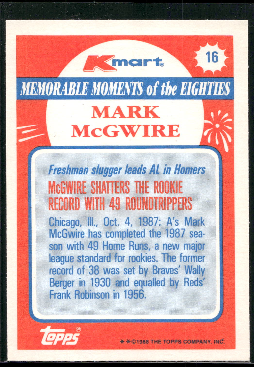 1988 Topps Kmart Memorable Moments #16 Mark McGwire