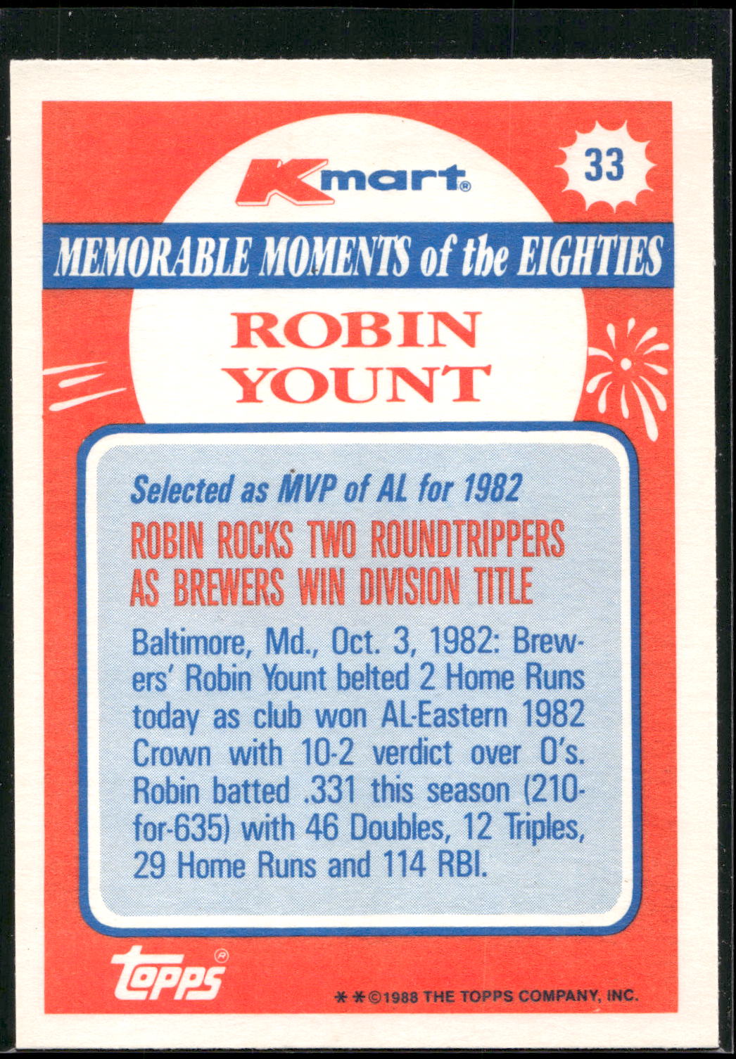 1988 Topps Kmart Memorable Moments #33 Robin Yount